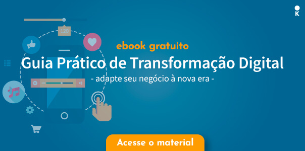 Capa de ebook de transformação digital com ilustração de celular rodeado de icones cotidianos como redes sociais, e-commerces e pesquisas.